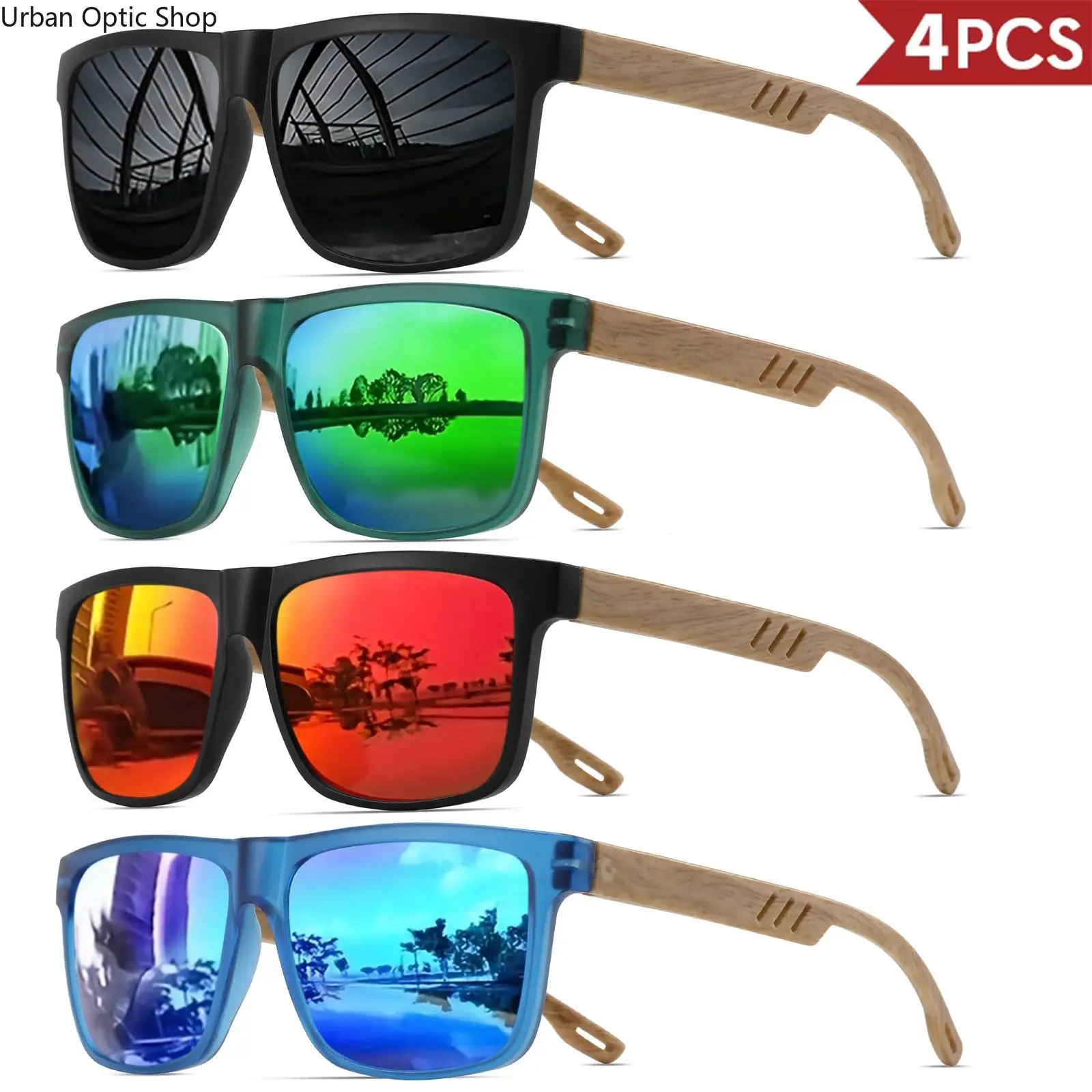 Unisex 4Pcs Wood Grain Spring Hinge Sunglasses Set - Classic Retro Square Frame Glasses, UV400 Anti-UV Geometric Flat Resin Lens Shades, Comfort Fit for Men's Daily Casual Outdoor Sports Use, Outdoor Wear