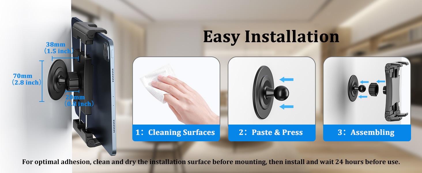 OHLPRO Tablet Wall Mount Holder for iPad, Upgrade 360° Adjustable Swivel No-Drill 3M Adhesive Stand for Kitchen Smooth Surface Wall, Fit for 5-13" Phones iPads Samsung Tab Fire HD & More Devices