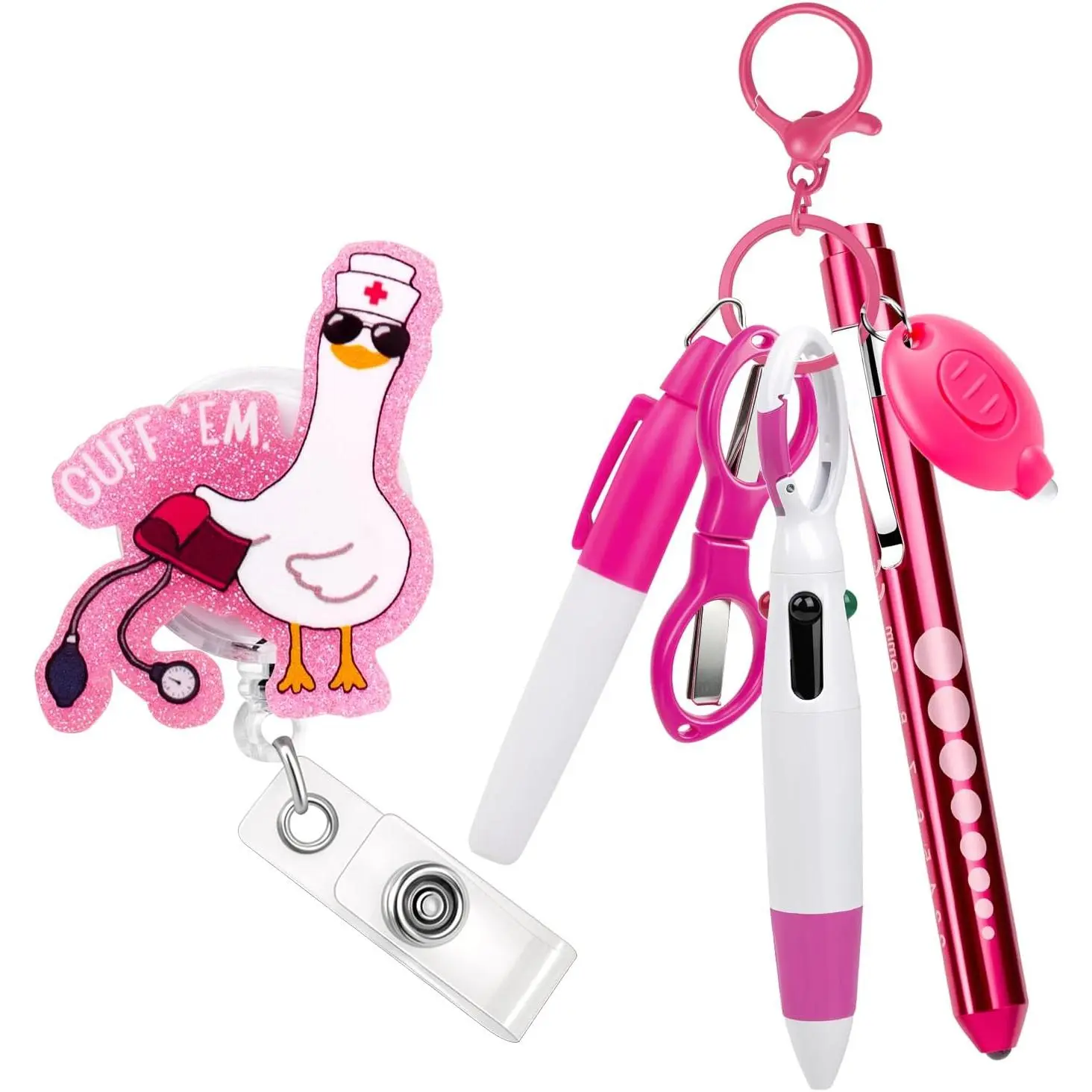 7 count Nurse Badge Accessories Includes Funny Badge Reels, Permanent Marker Pen, Retractable Ballpoint Pen, Nurse Pen Light,  Clip, Foldable , LED Flashlight ()