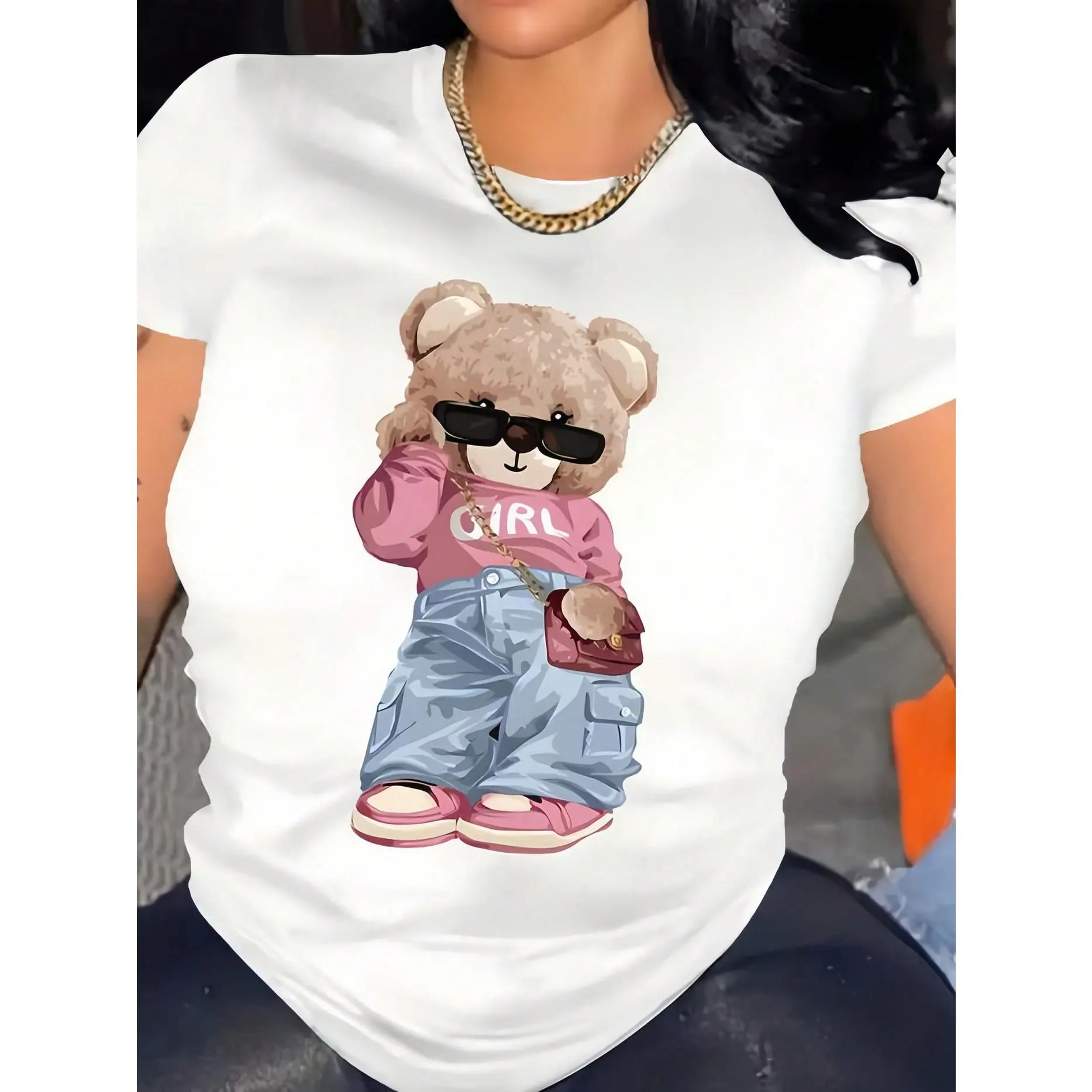 Women's Printed Cool Bear Graphic Pure Cotton Crew Neck Casual White T-Shirt, Round Neck, Streetwear