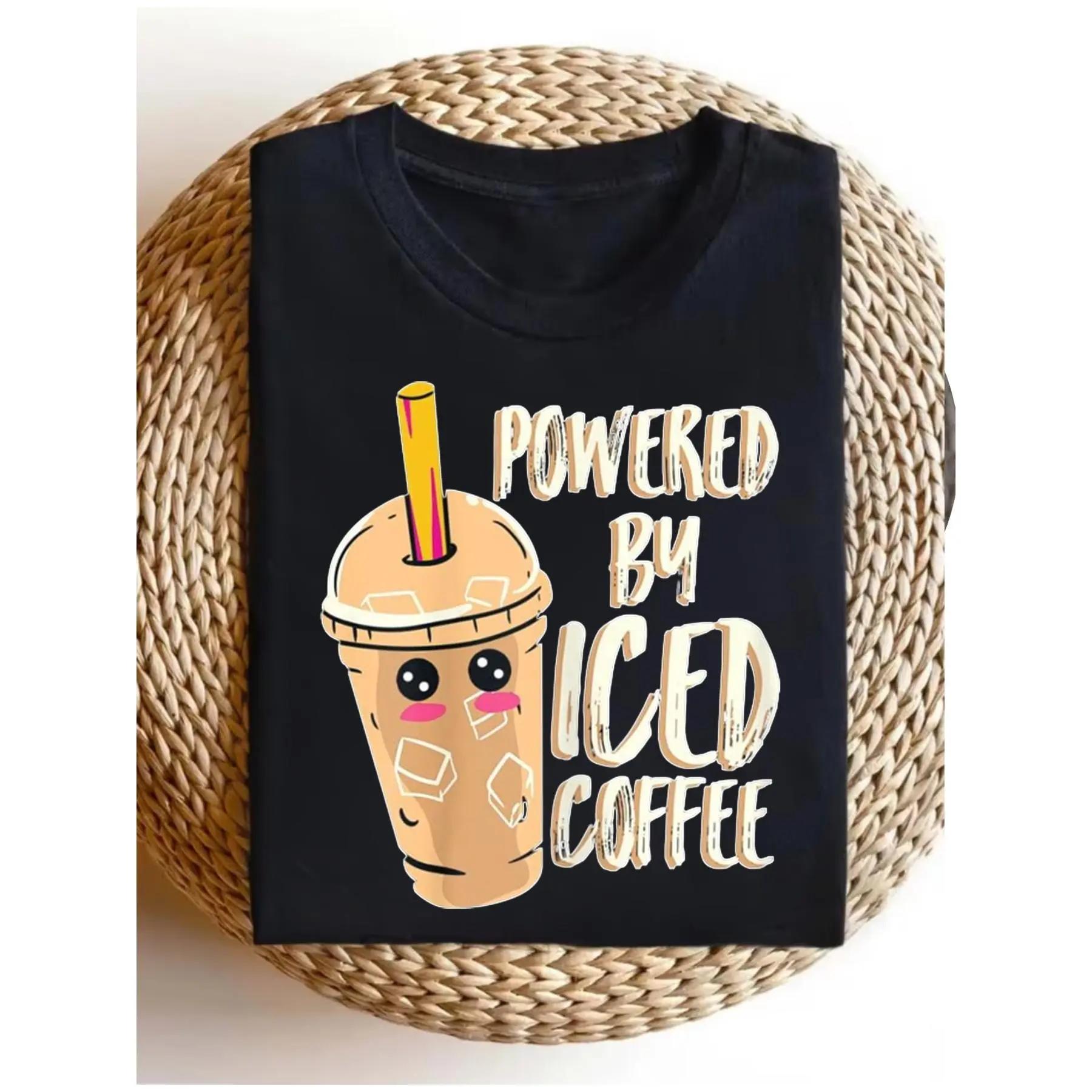 Men's Coffee Lover Iced Coffee Kawaii Short-Sleeve T-Shirt - Streetwear Aesthetics, Cargo-Inspired Details, Comfortable Fabric, Casual Versatile Round Neck Top