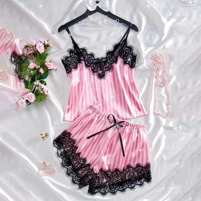 Women's Summer Thin Pajama Set Pink and White Stripes Fabric Soft and Smooth Pajama Set