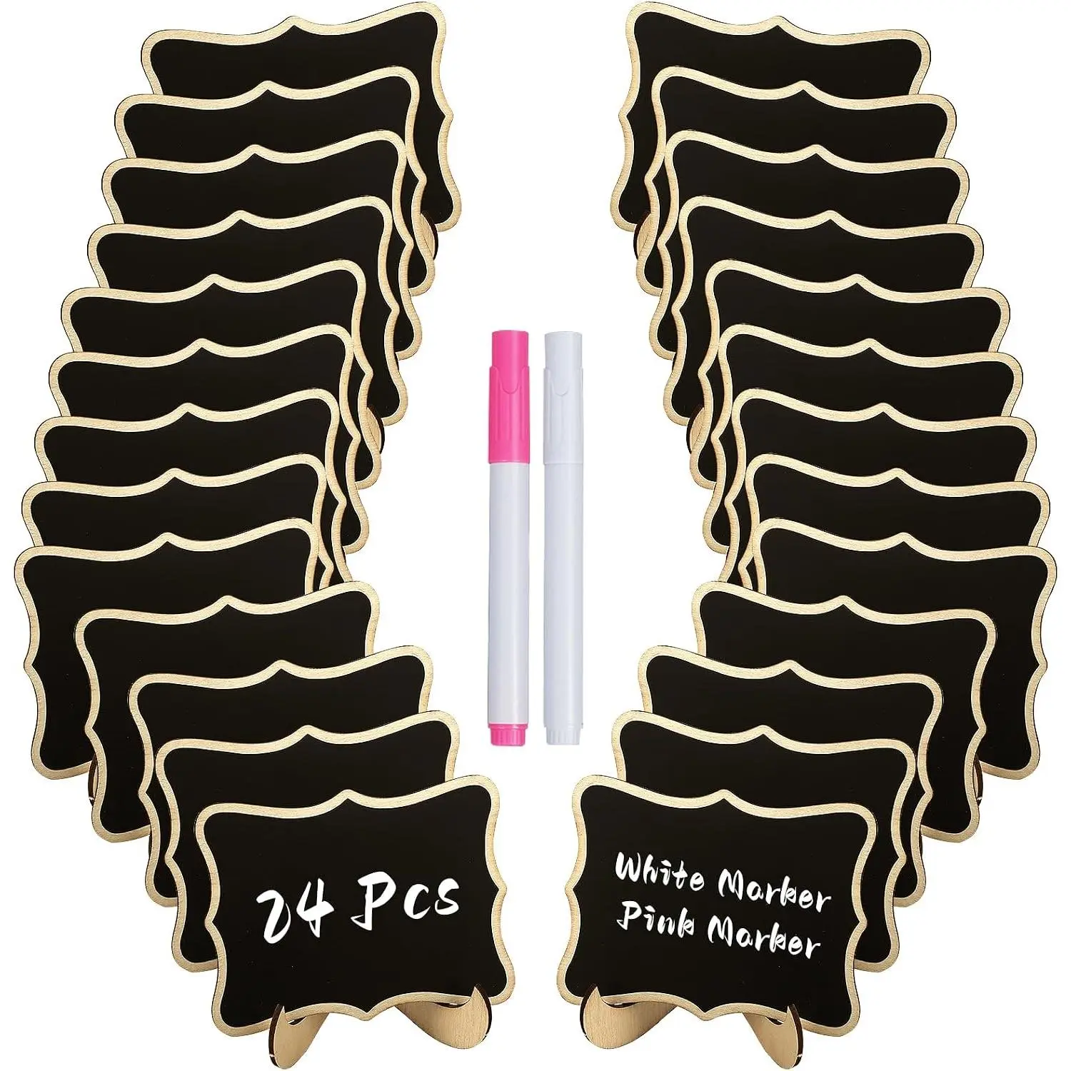 24 Pack Mini Chalkboard Signs for , Small Chalkboard Signs with Stands Chalk Markers &  Stickers,  Wooden Labels for Party Buffet Wedding, Blackboard Place Cards, Wavy
