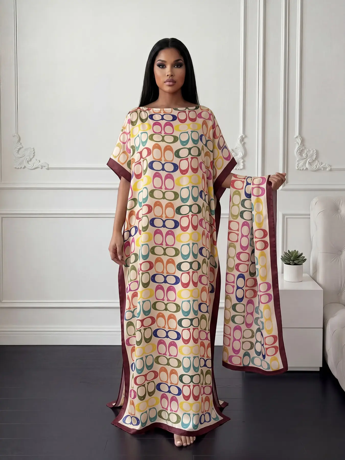 Elegant Geometric Print Robe Set, Long Sleeve Wraparound Dress + Headband Scarf, Women's Beach Cover-Up, Sun Protection Silk Fabric, Swimsuit Cover Up