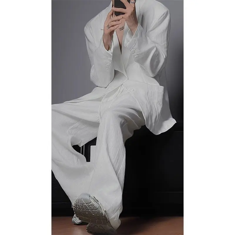 Men Oversized Wrinkle Casual Suit 2 Piece Set, Loose Blazer Jacket & Drawstring Wide Leg Pants, Streetwear Relaxed Outfit
