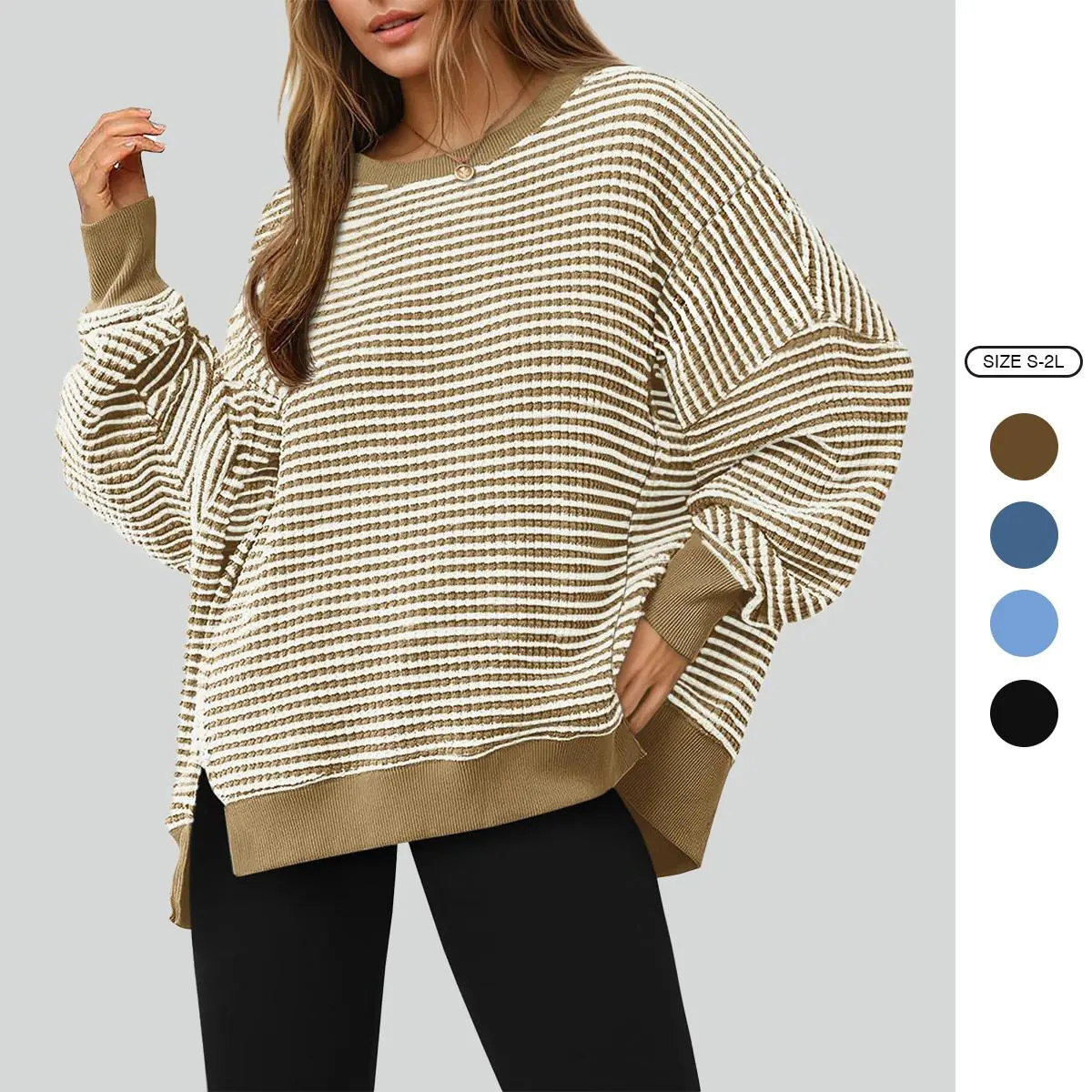 Women's Waffle Knit Striped Sweater Long Sleeve Crewneck Side Slit Oversized Pullover Top Casual Loose Fit Fall Oversized Sweatshirt