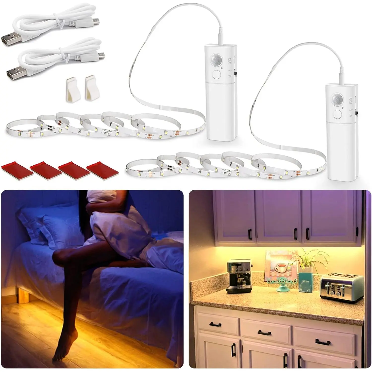 Rechargeable Motion Sensor Strip Light, LED Closet Lights, Upgraded Battery Operated LED Strip Light for Wardrobe, Stair, Pantry, Cupboard, Bed, Locker, 2700K Warmwhite, 6.56ft, 2 Pack