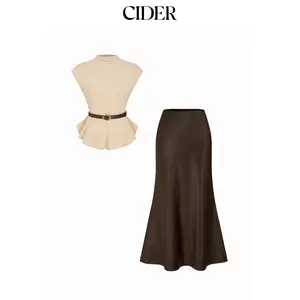 Cider Stand Collar Cinched Waist Top With Belt & Zipper Mermaid Maxi Skirt Set