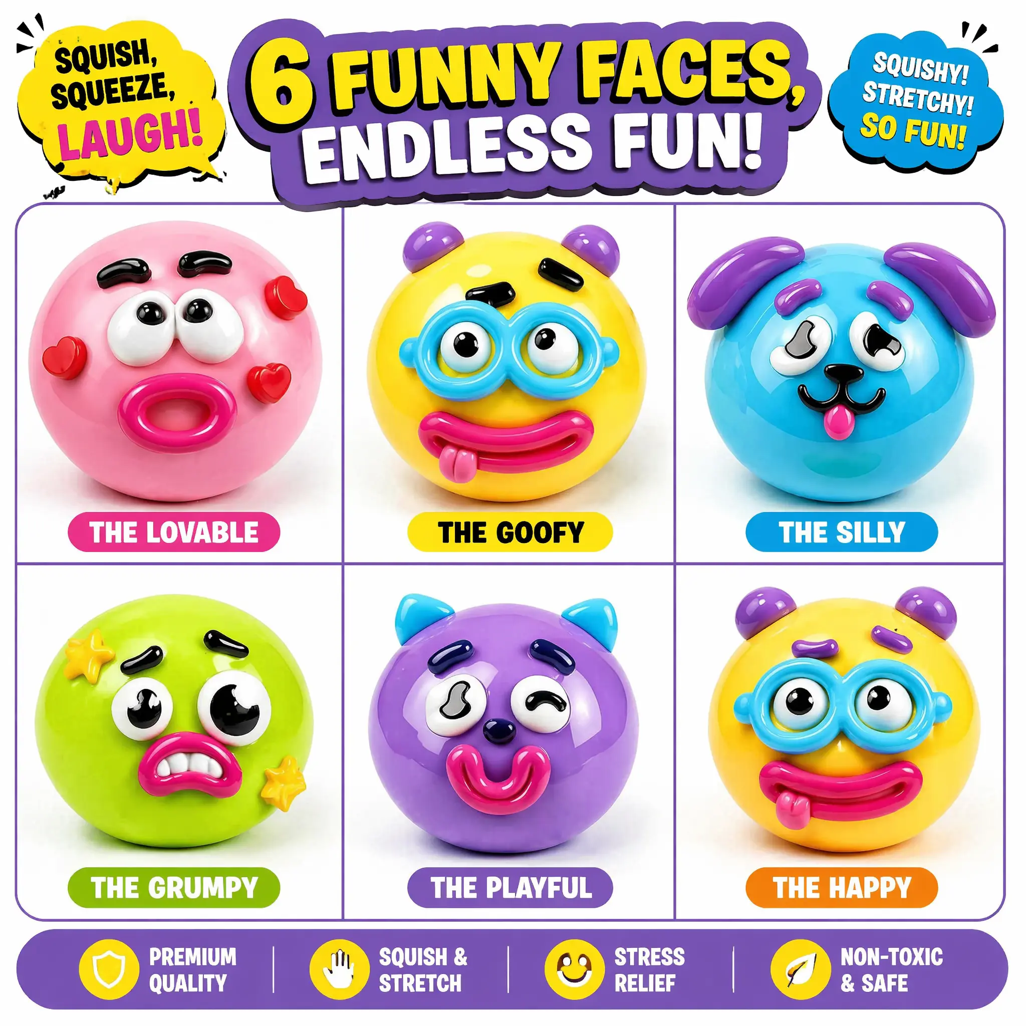 2/5pc Cute Faces Polymer Squishies, Slow-Rising Soft Squeeze Fidget Toy for Bubble Blow Fidget Play, Anxiety Relief Sensory Toy for Kids, Office Use