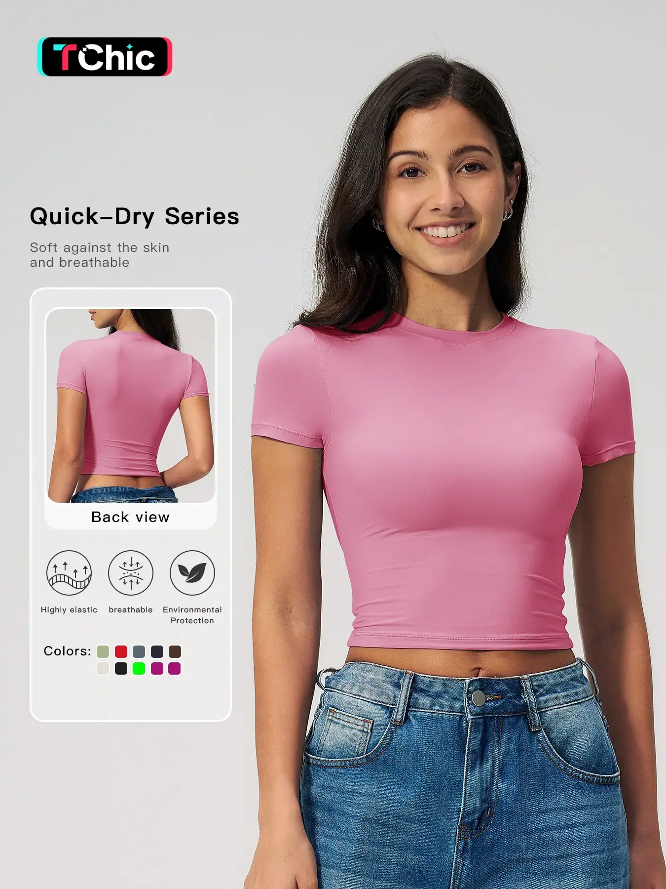 Women's Plain Round Neck Crop Sports Tee, Sporty Casual Tight-fitting Short Sleeve T-shirt for Yoga Gym Workout Running, Ladies Sportswear Clothing for Summer, Casual Workout Tops, Fitness Sport Top
