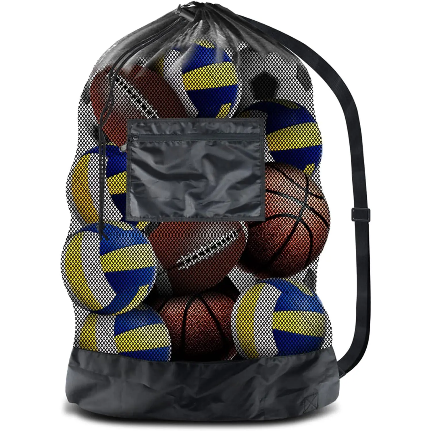 Thickened Extra Large Sports Ball Bag, Heavy Duty Mesh Drawstring Bag with Shoulder Strap for Basketball, Volleyball, Baseball, Soccer, Swimming Gear - Team Work Equipment
