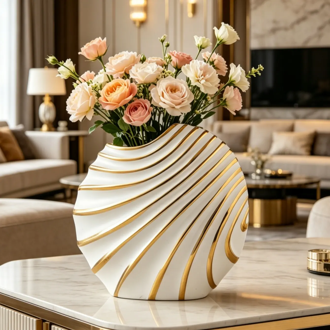 and Gold Stripe Ceramic Vase, Ceramic Bouquet Vase, Modern Luxury Wave Pattern Decorative Vase, Ideal for Living Room Dining Table Home Decoration, Decorative Flower Vase