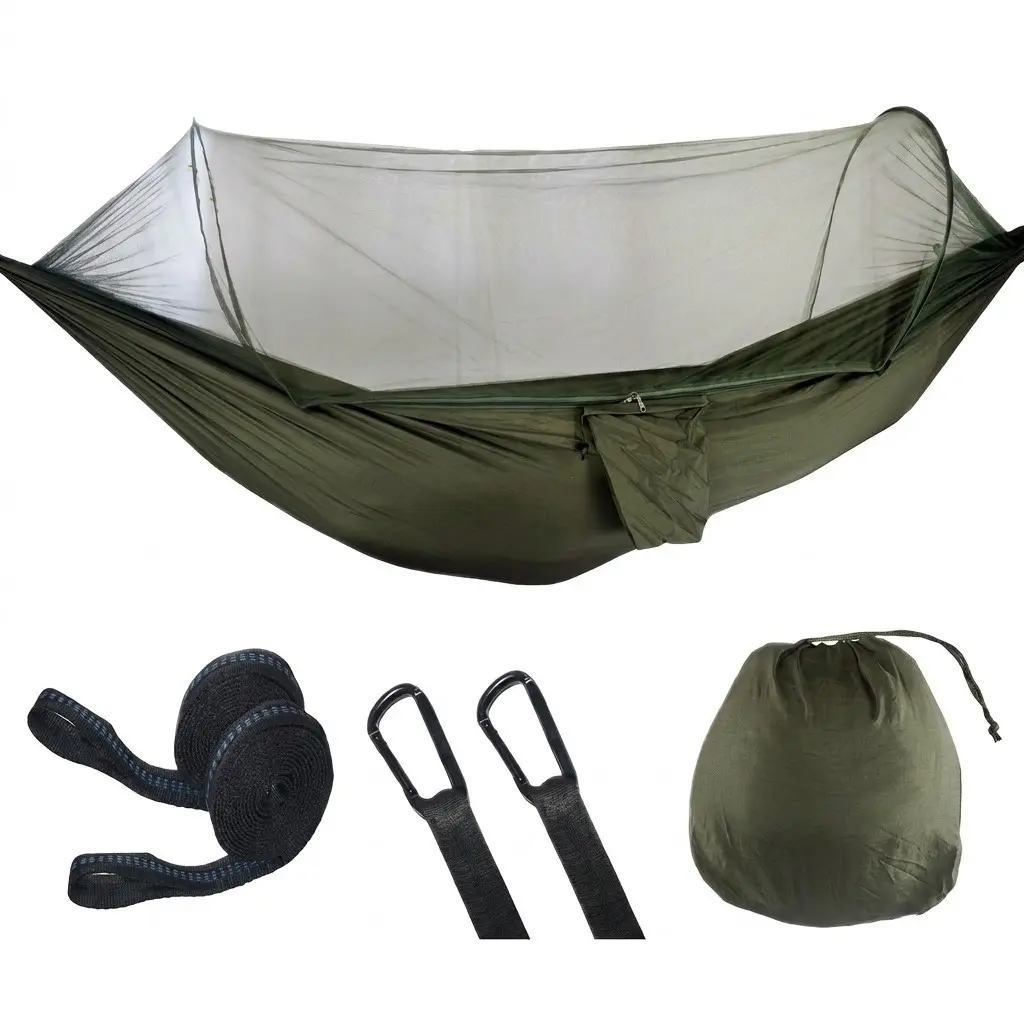 Camping Hammock with Mosquito Net, Portable 2-Person Parachute Nylon Swing Bed, Quick-Open Outdoor Essentials for Hiking Travel Backyard
