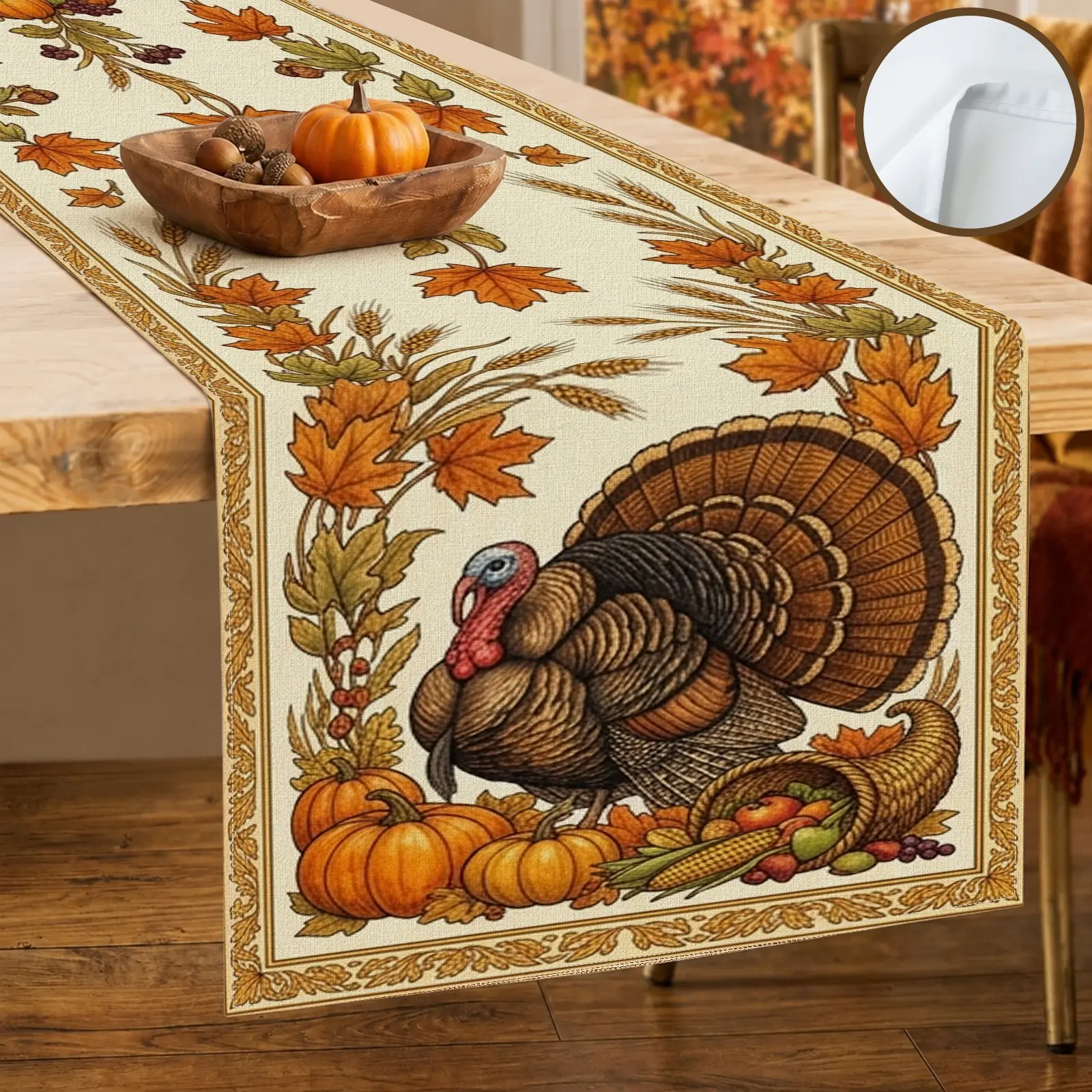 1pc Turkey Pumpkin Maple Leaf Table Runner, Rustic Farmhouse Style, Decorative Border Watercolor Style Print, for Dining Table Kitchen Decor Thanksgiving Dinner Fall Decor
