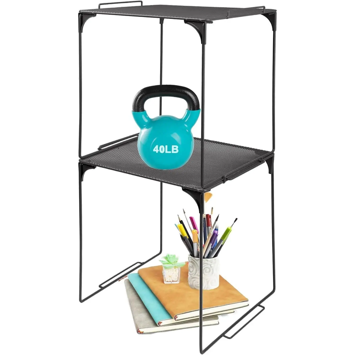 Locker Organizer Shelf, Stackable, Extra Tall, Fits Standard Size School Lockers (Black 2 Pack)