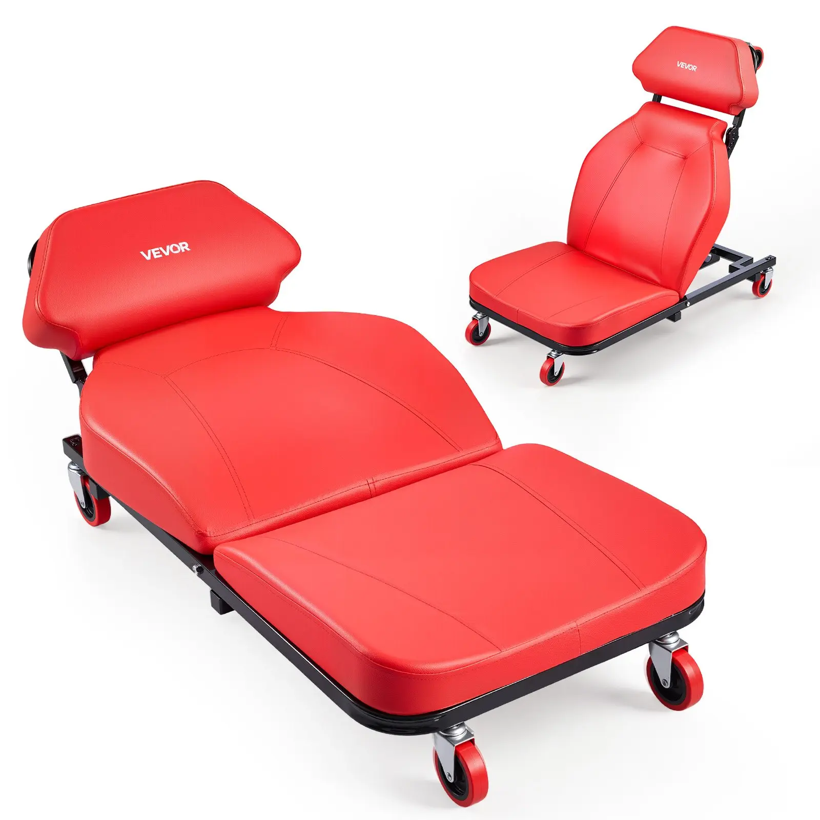 VEVOR 48.4-in 2-in-1 Mechanic Creeper Rolling Chair, Adjustable Backrest Garage Creeper Seat with PU Leather, 6 Swivel Casters, Padded Headrest, Max Load 570lbs for Under Car Work