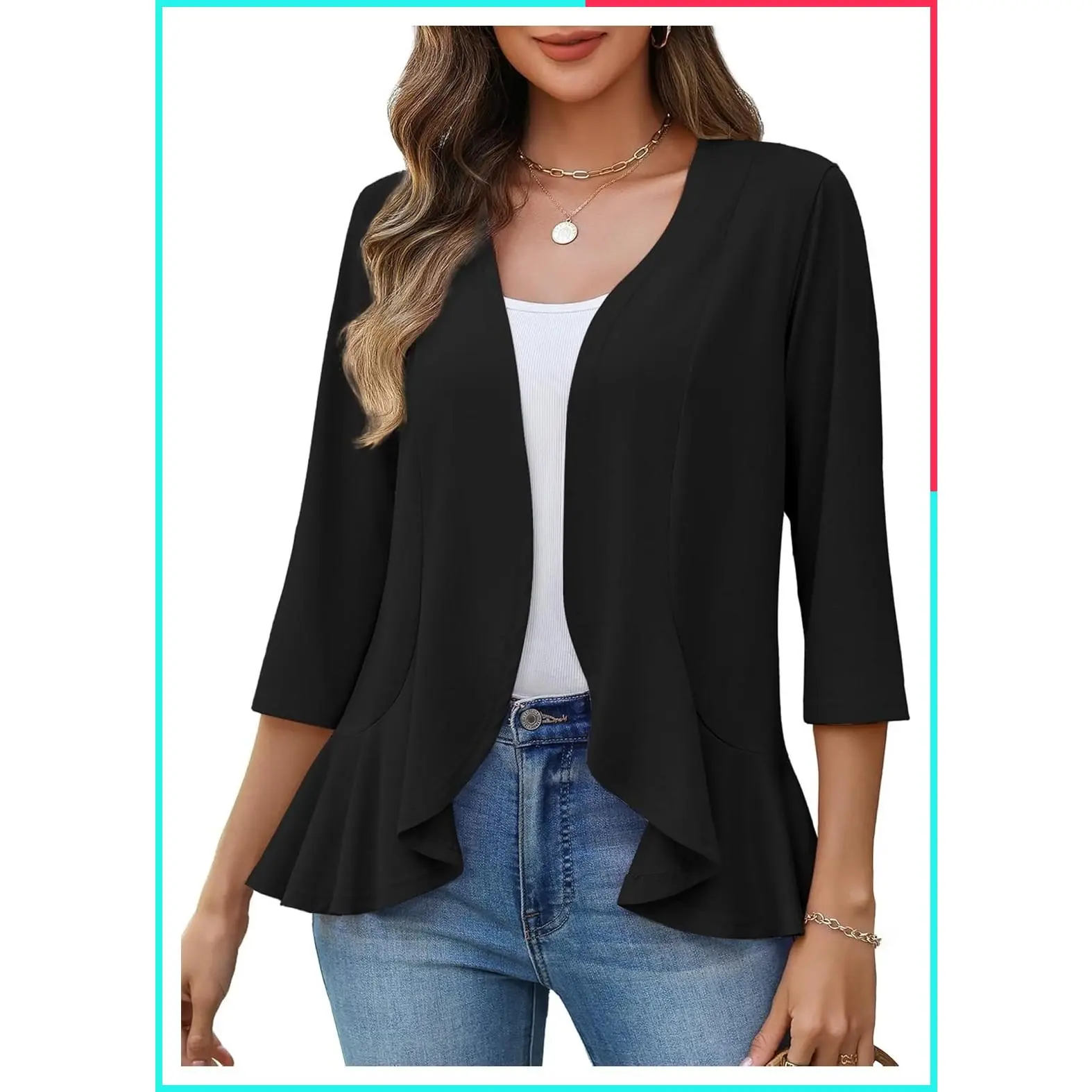 Women's 2026 Summer 3/4 Sleeve Lightweight Open Front Draped Ruffles Kimono Cardigan Coverup