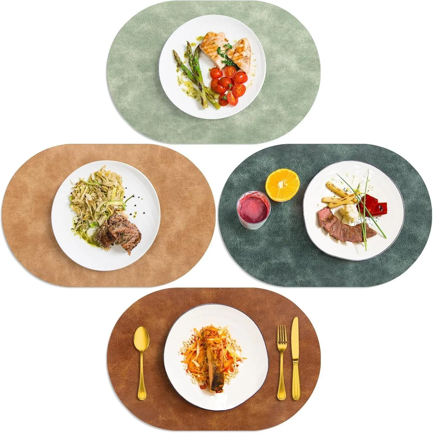 Placemats, Heat Resistant Oval Placemats Set of 4 Washable 12 x 17 Inch, Waterproof Table Mats, Wipeable Pu Place Mats for Kitchen, Dining Room, Turmeric Brown+Light Brown+Green+Blue