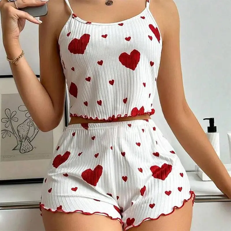 Women's 2-Piece Cherry Print Pajamas Set - Flowy Short-Sleeve Top, Casual Shorts, Comfortable Loungewear for Multi-Size & Plus Size (Sports Underwear Category)