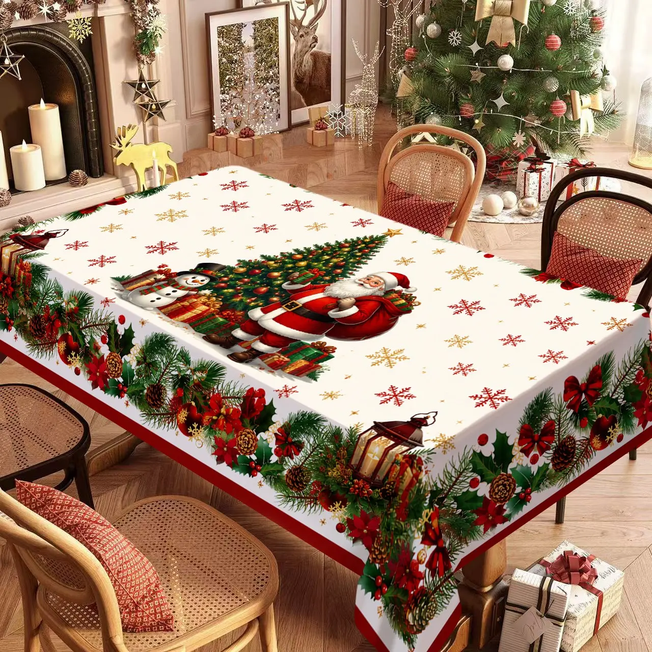 Rectangular Christmas Tablecloth, Santa Claus Poinsettia Snowflake Design, Indoor Outdoor Use, Party Wedding Decor