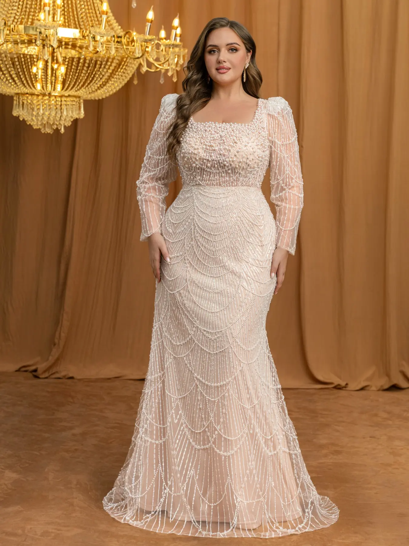Elegant Maxi Dress for Women, Long Sleeve Square Neck Pearl Decoration Embellished Dress, Waist Cinch Party Gown, All Seasons Formal Evening Wear