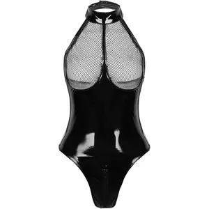 Goddess wardrobe Goddess Exclusive Sexy Women's Lingerie PVC Leather Mesh Bra Wetlook Halter Neck One Piece Clubwear Teddy Bodysuit
