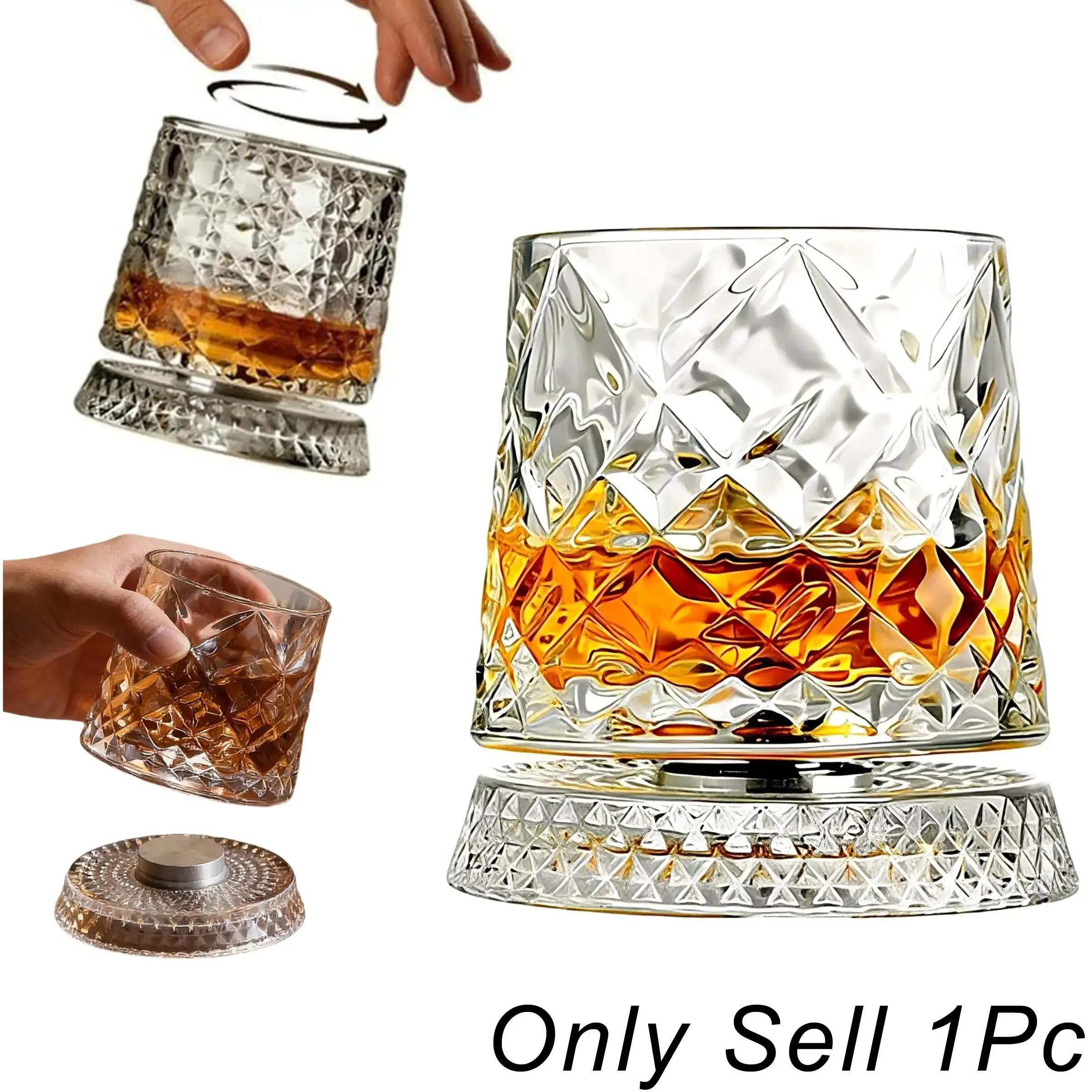 Rotating Crystal Whiskey Glass Cup with Base, Drinking Glassware, Whiskey Cups, 360 Degree Rotation, 9 Ounces, Ideal for Scotch, Rum, Cognac, Vodka, Unique Gift for Men