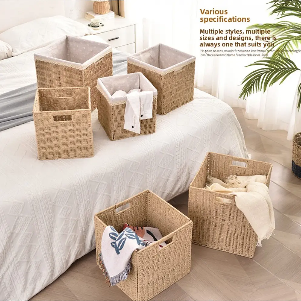 Foldable Modern Paper Faux Rattan Storage Basket - Home Organizer, Laundry Storage Bin for Clothes, Toys, Laundry Storage Basket, Organizing Bins