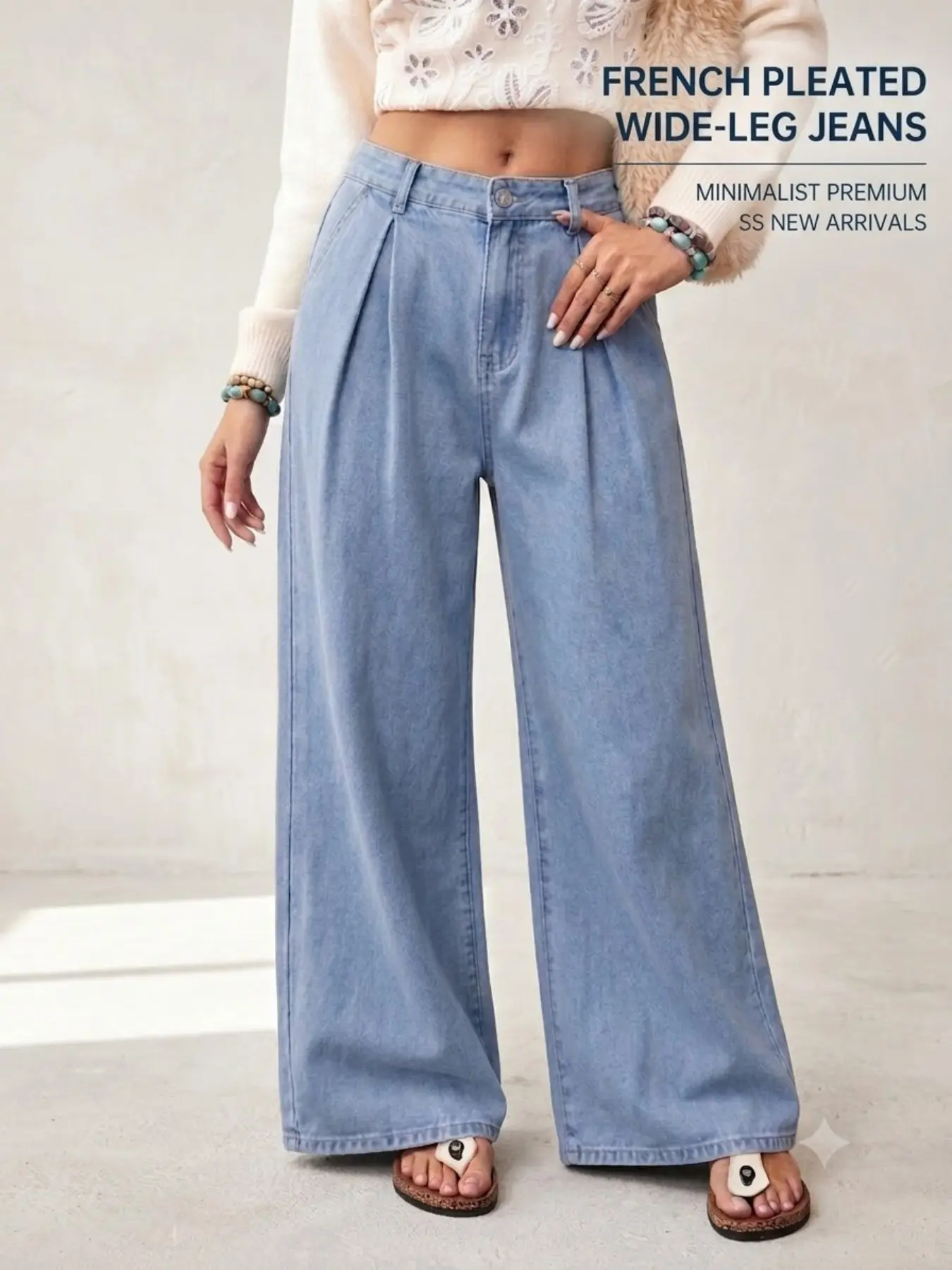 Women Light Blue Pleated Front Wide Leg Jeans, High Rise Non-Stretch Casual Denim Trousers, Ultra-Wide Leg & Puddle Jeans Y2K Style