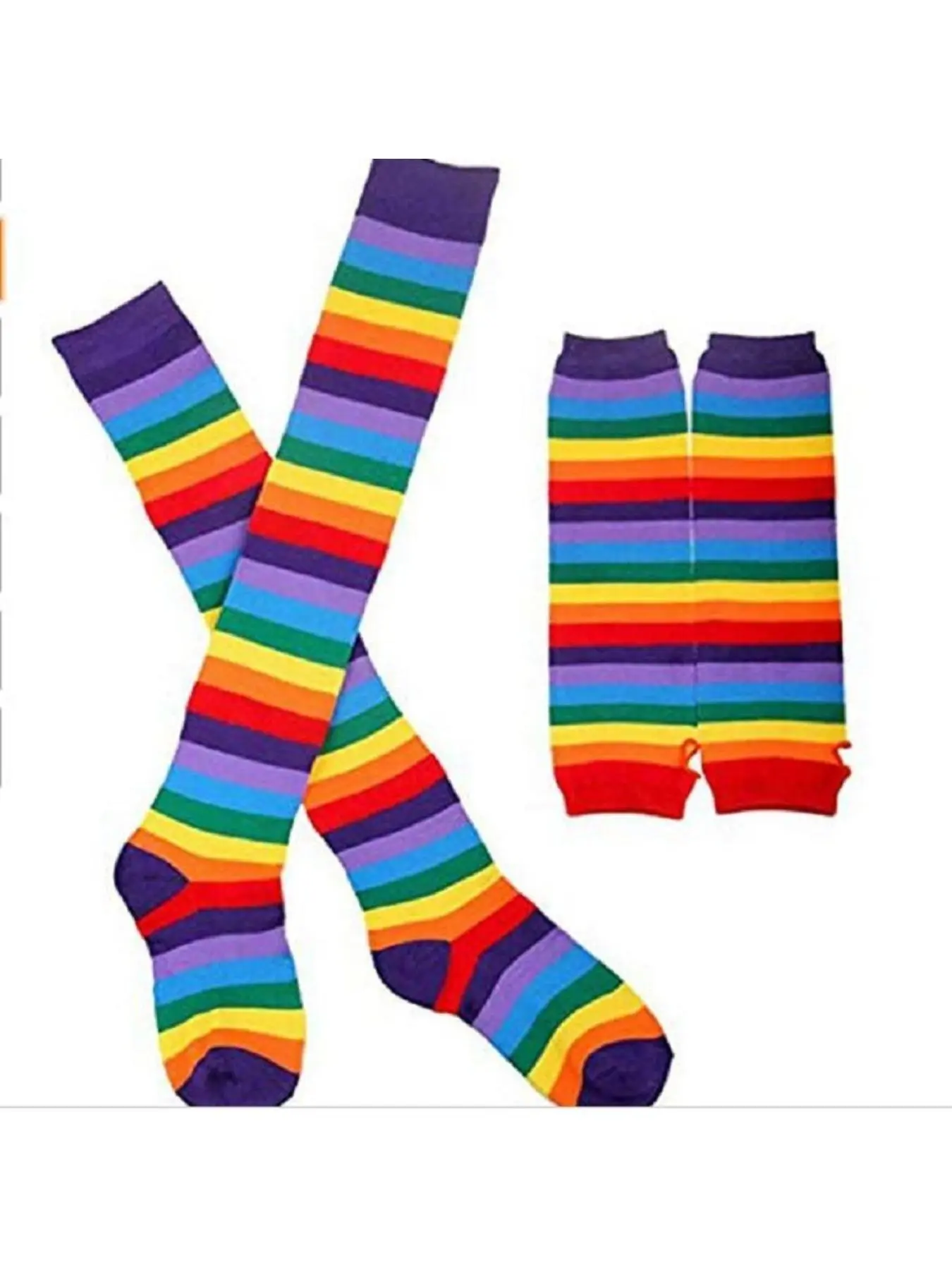 Rainbow Striped Over Knee Socks & Long Gloves Set Women Chic Cotton High Thigh Socks Party Cosplay Costume Accessory