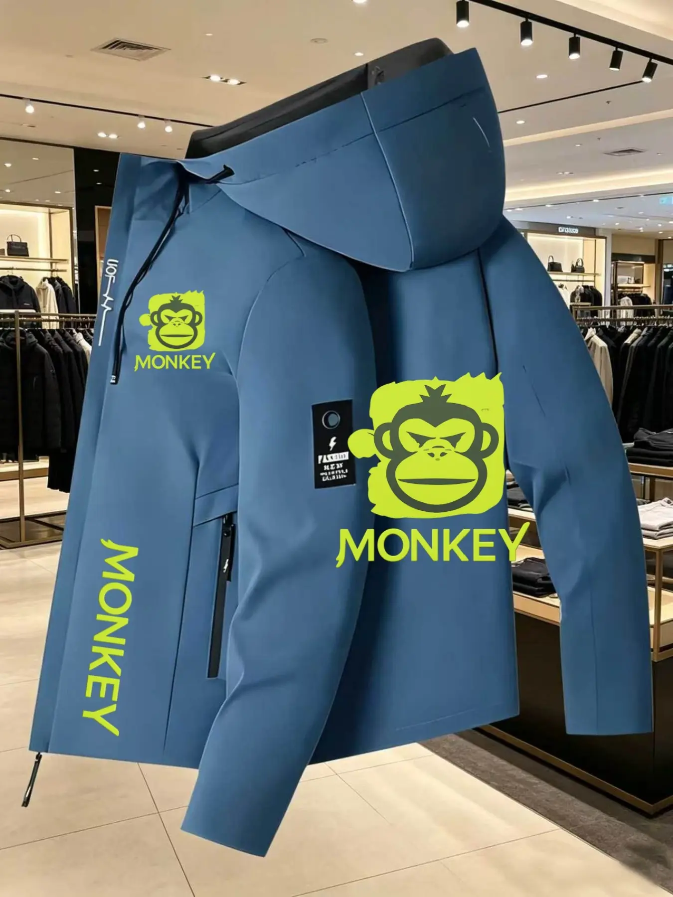 Men's Fashion Monkey Logo Lightweight Outdoor Jacket, Casual Long Sleeve, Slim Fit, Spring & Fall, Durable Polyester, Zip Pockets