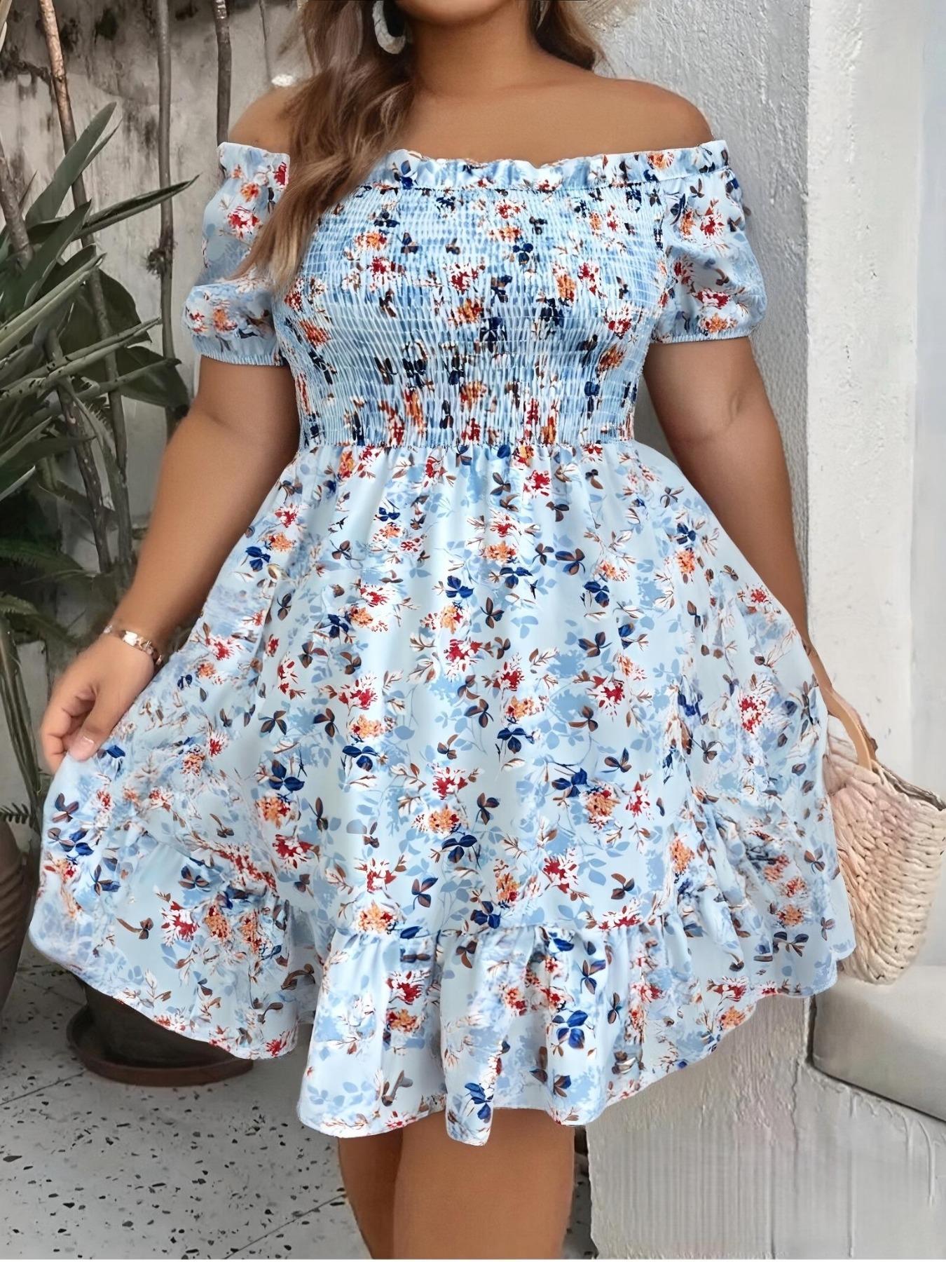Plus Size Floral Print Off Shoulder A Line Dress, Boho Romantic Shirred Ruffle Hem Dress for Beach Vacation Holiday, Women's Plus Clothes for Summer