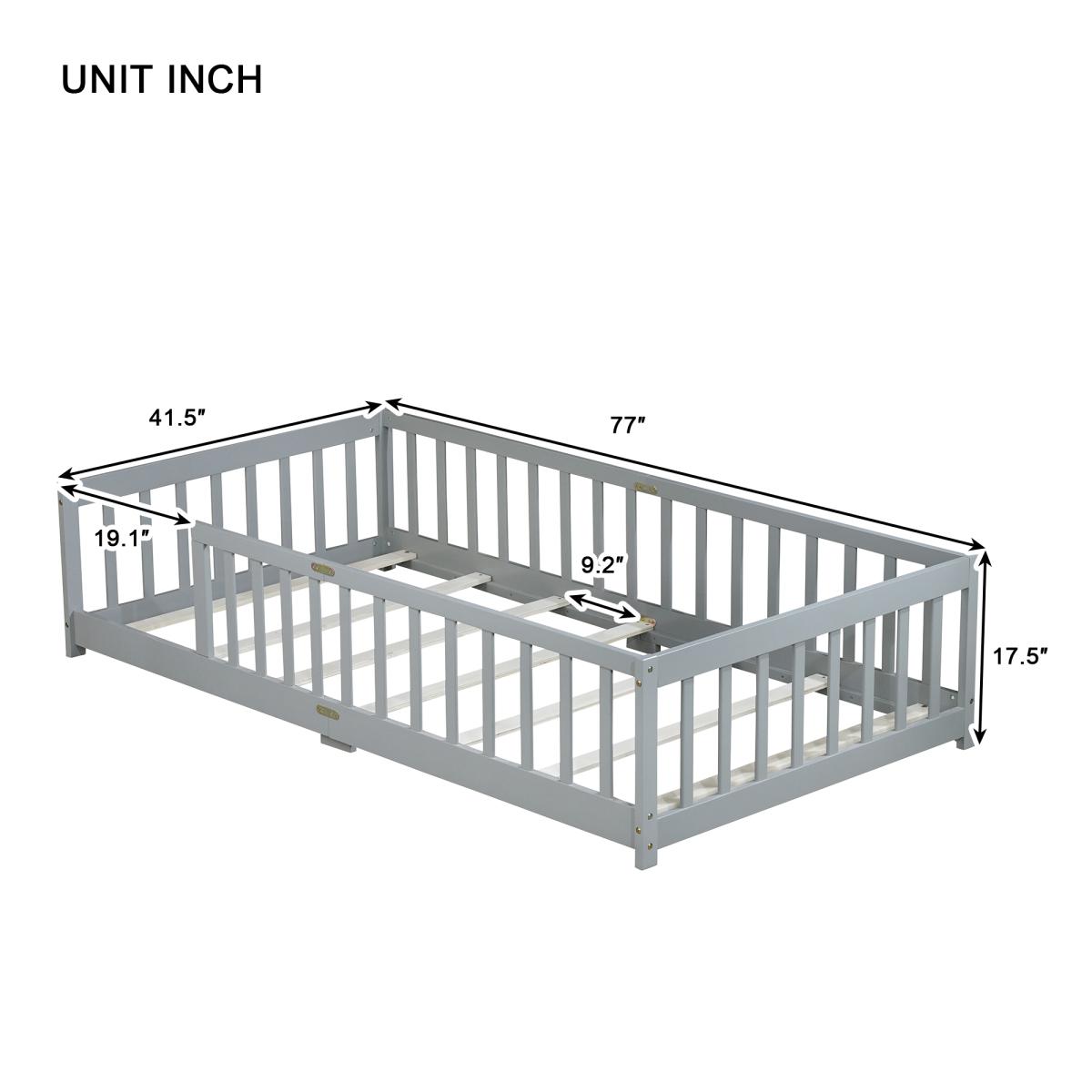 Twin Size Floor Bed with Fence without Door, Twin/Full/Queen Size Bed Floor Bed with Safety Guardrails and Door,Twin/Full Size Montessori Floor Bed for Kids, Solid Wood Bed Frame with Fence, Door & Safety Guardrails, CPC Certified