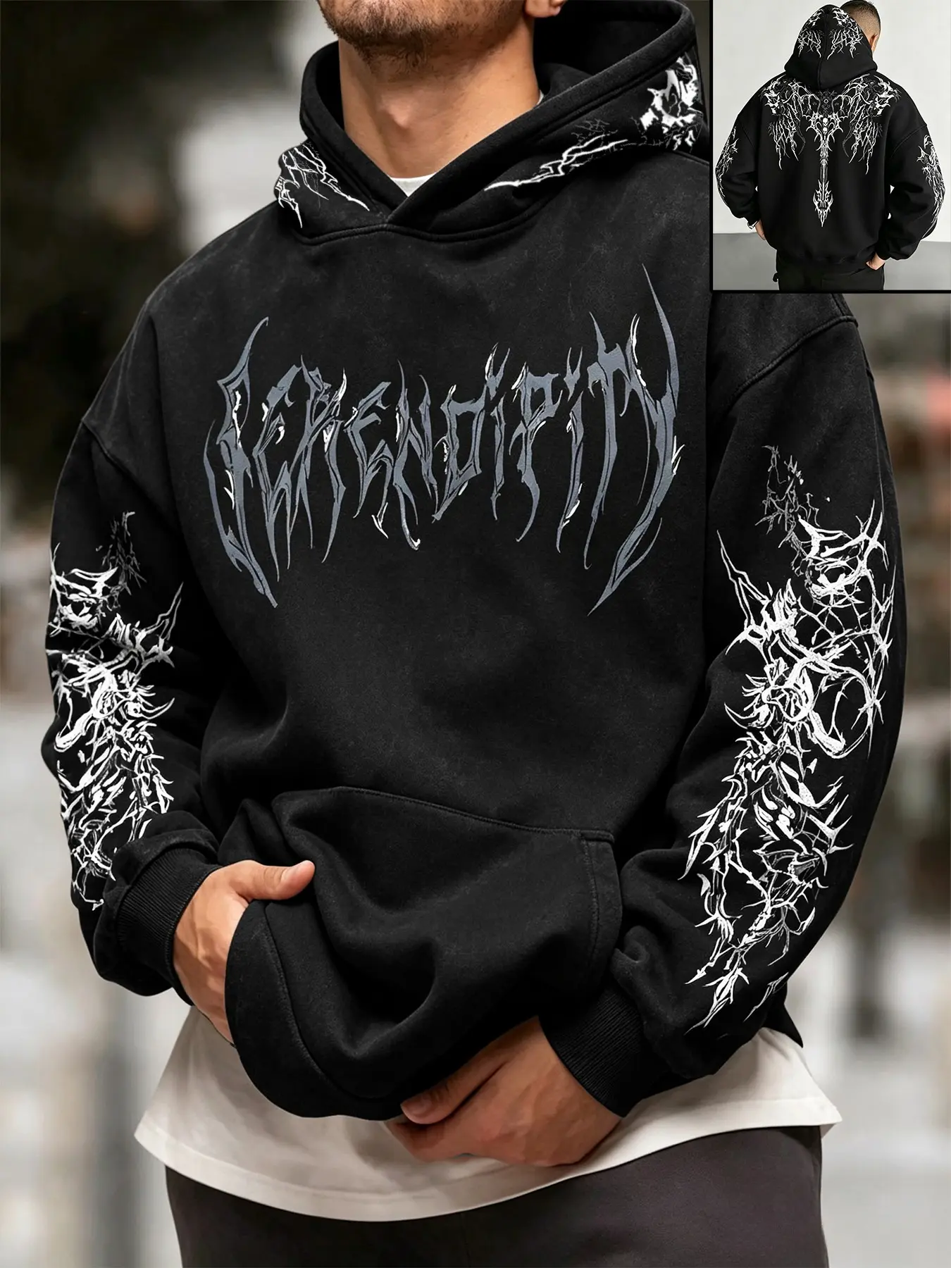 Men's Gothic Thorn Wings Skull Long Sword Full Print Hoodie, Gothic Hoodies, Graphic Print Hoodie, Dark Punk Streetwear, Fitted Casual Sweatshirt for All Seasons