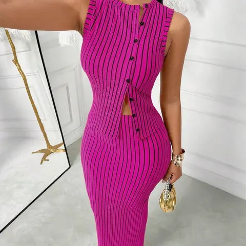 Striped Women's Elegant Two-Piece Sleeveless Button Vest and High-Waisted Split Skirt Set, Casual Summer Daily Wear Fashion Style Sets