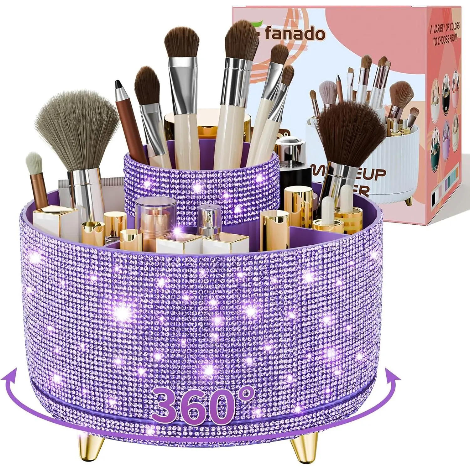 Bling Diamond Glitter Makeup Brush Holder - 360° Rotating Glamour Organizer with 5 Slots, Sparkly Diamond Purple Makeup Storage for Vanity Use