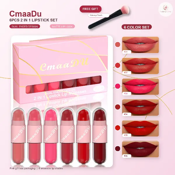 CmaaDu 6Pcs 2-in-1 Lipstick and    with Free Makeup Brush, Dual Ended  Makeup Kit essence extreme shine  toofaced kissing juicy zodia clip yo universal skincare lipgloss gloss balm