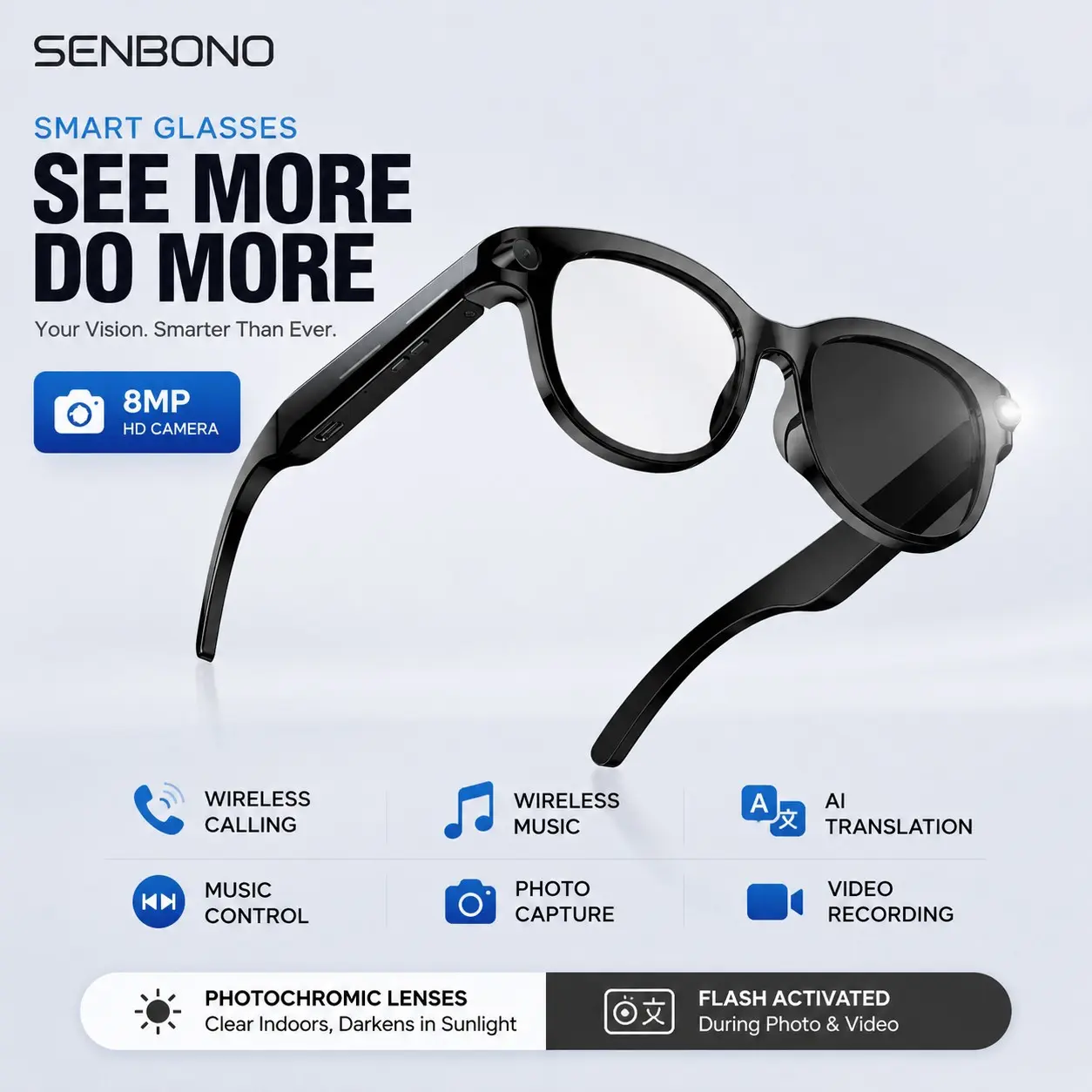 SENBONO AI Glasses with 8MP HD Photo & Video, Offline Voice, AI Assistant and Bluetooth Calling, Dual Mic Dual Speakers, LED Flashlight, 1-3 Days Battery Life Smart Glasses