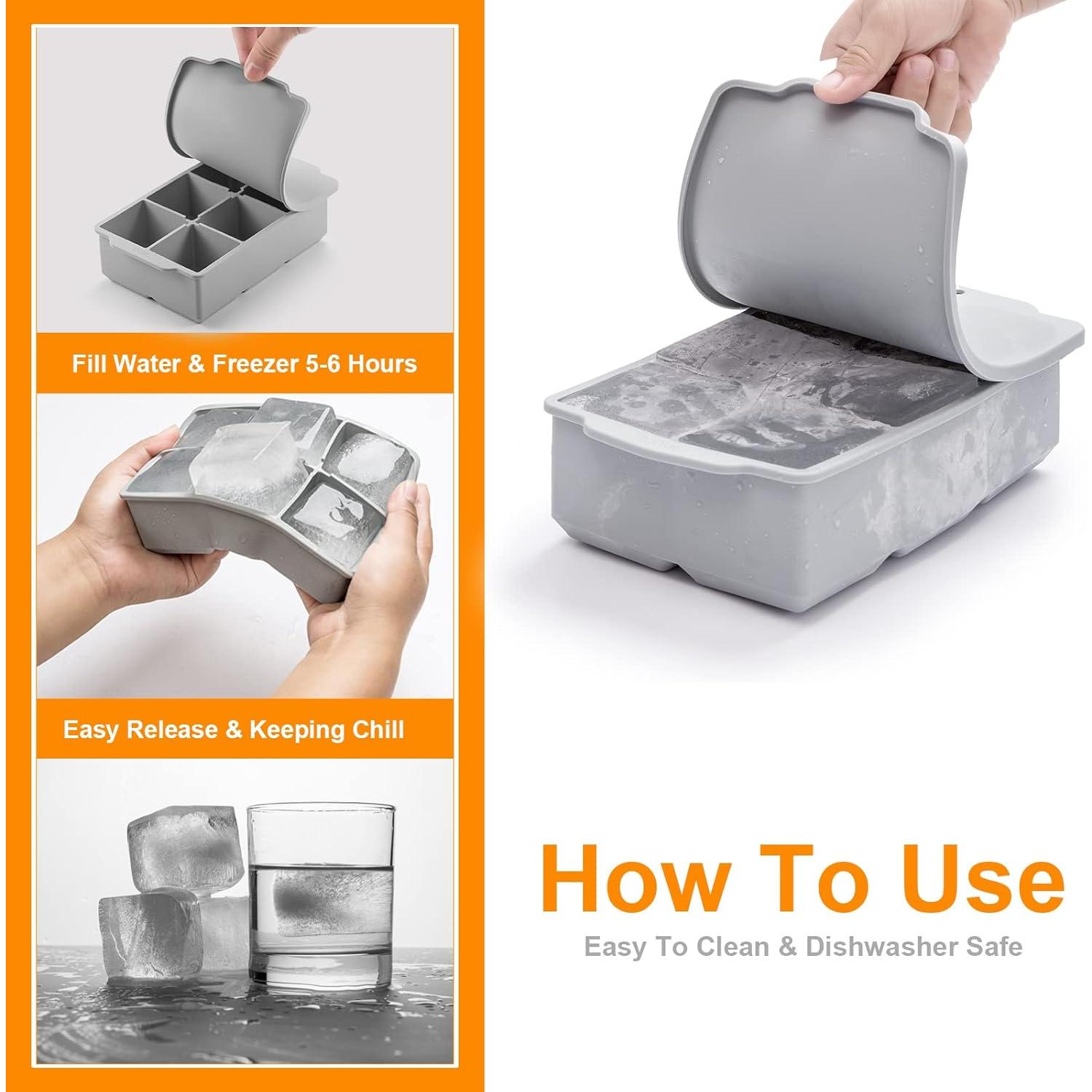 Large Ice Cube Tray with Lid, Stackable Big  Square Ice Cube Mold for    Soups Frozen , Easy Release