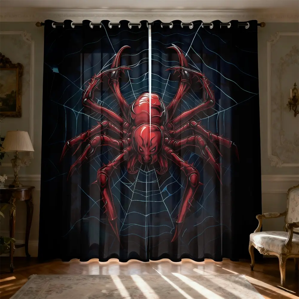 2 Panels Cool Red Big Spider Light Filtering Curtains, Brushed Fabric Digital Print Rod Pocket Soft Light Window Drapes for Living Room, Bedroom, Study Decoration