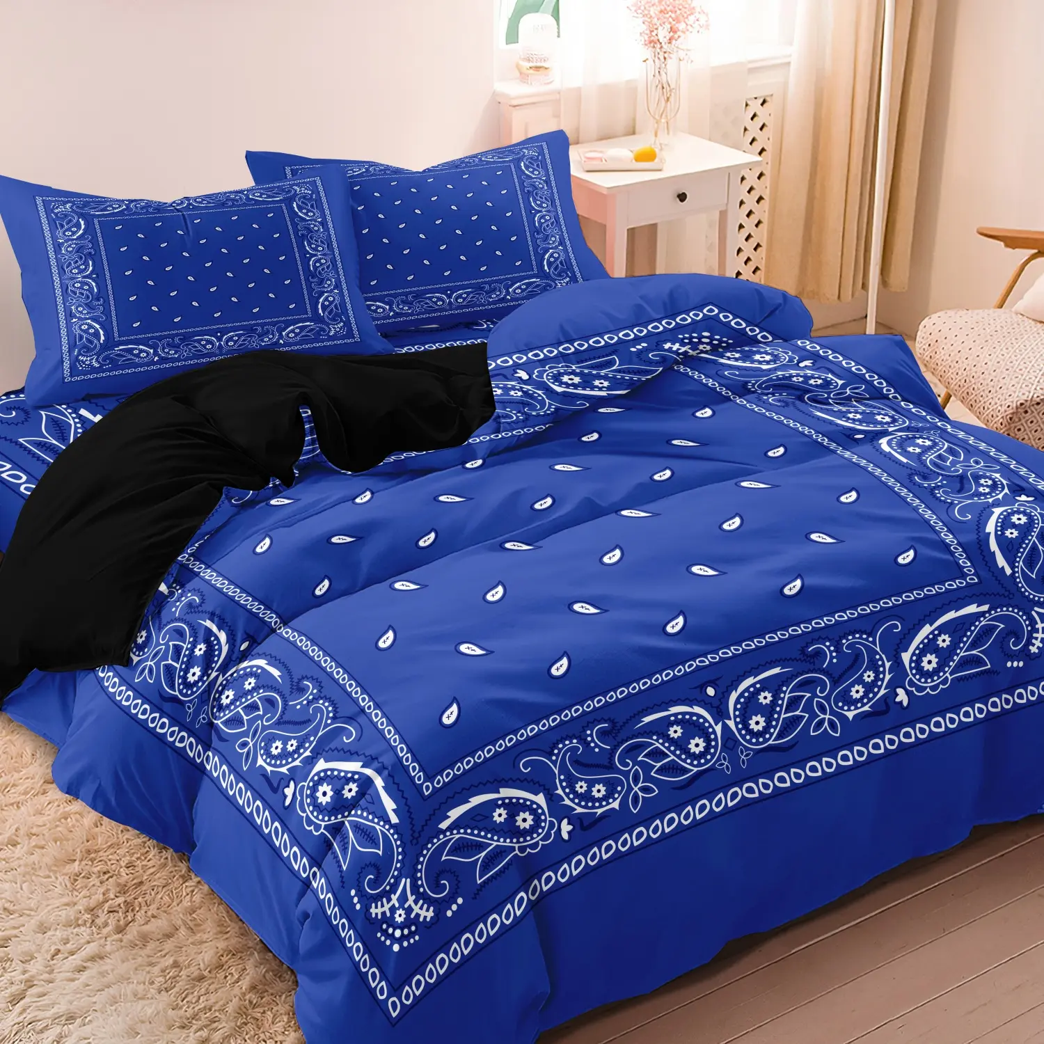 Royal Blue White Paisley Print 3 Pieces Duvet Cover Set, Classic Western Bohemia Floral Print Bedding, Bed Covers, Soft Microfiber Hip Hop Retro Bedroom Decor (1 Duvet Cover + 2 Pillowcases, No Comforter No Pillow)