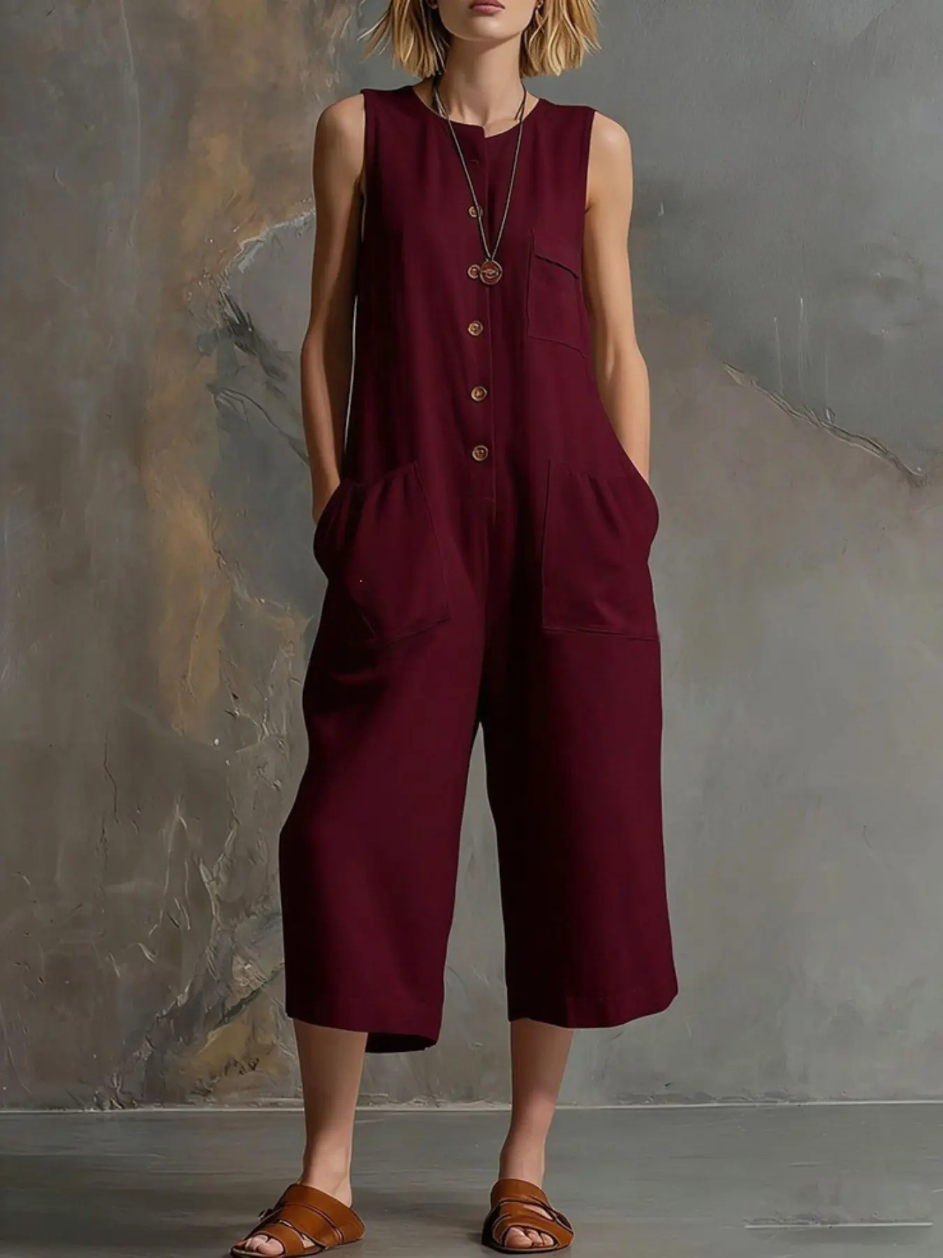 2026 Women's Spring Summer Sleeveless Jumpsuit, Button Front, Loose Fit Wide Leg, Cropped Casual Jumpsuit Overalls Utility Romper, Ideal for Work, Travel, Daily Wear