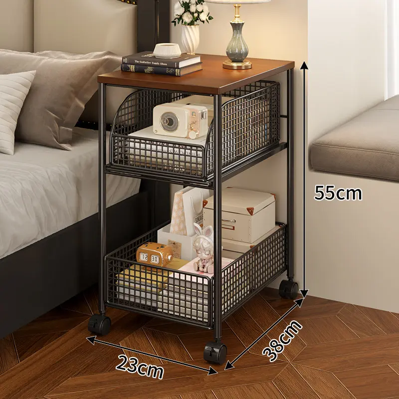 Metal Home Bedroom Storage Rack - High-End Light-Luxury Movable Multifunctional Small Cabinet, Bedside Table Replacement Home Organizer, With Wheels, Black/Black Board - Floor-Standing, Single Unit