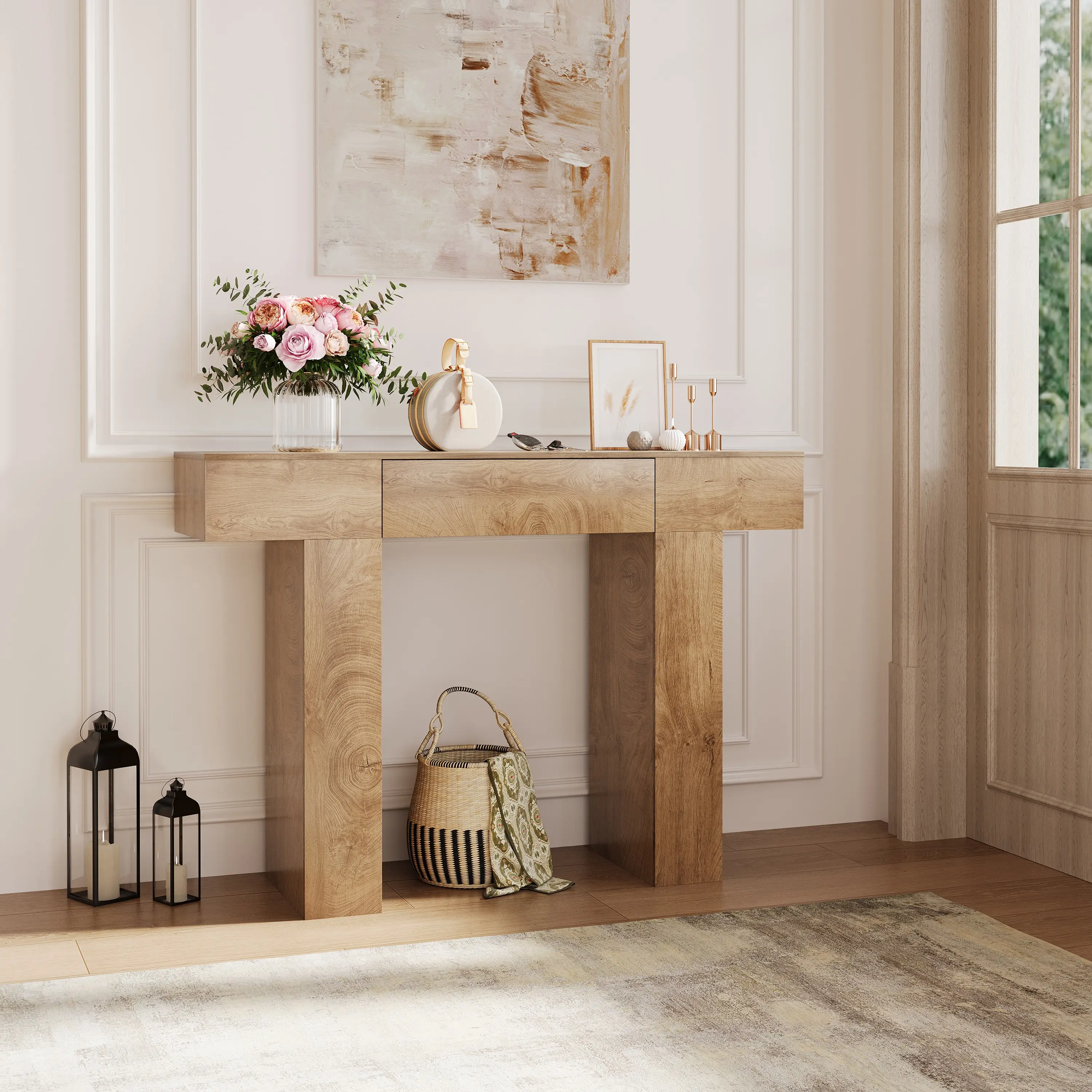 Farmhouse Rustic Engineered Wood Console Table - Narrow Profile, Natural Grain, Storage Drawer, Quick Setup, Console Stand Living Room Furniture with Warm Woody Aesthetic (Oak Color)