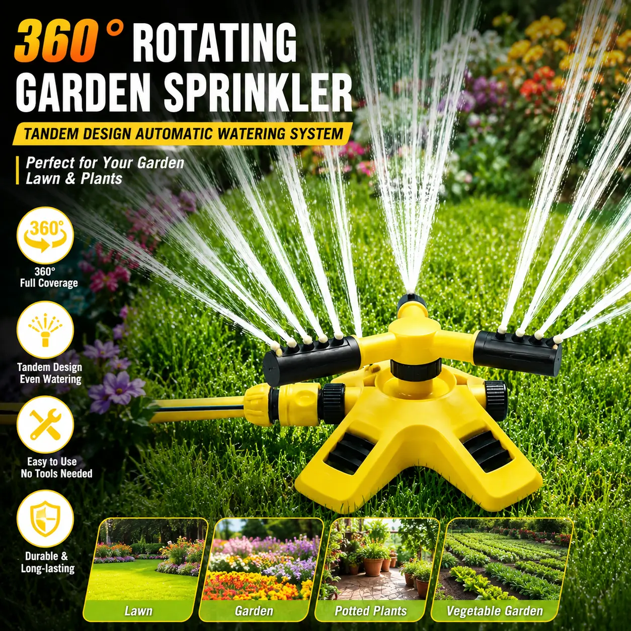 Garden Sprinkler with Tandem Design, 360° Rotates Automatic System for Watering Plants, Flowers, Rotates 360°