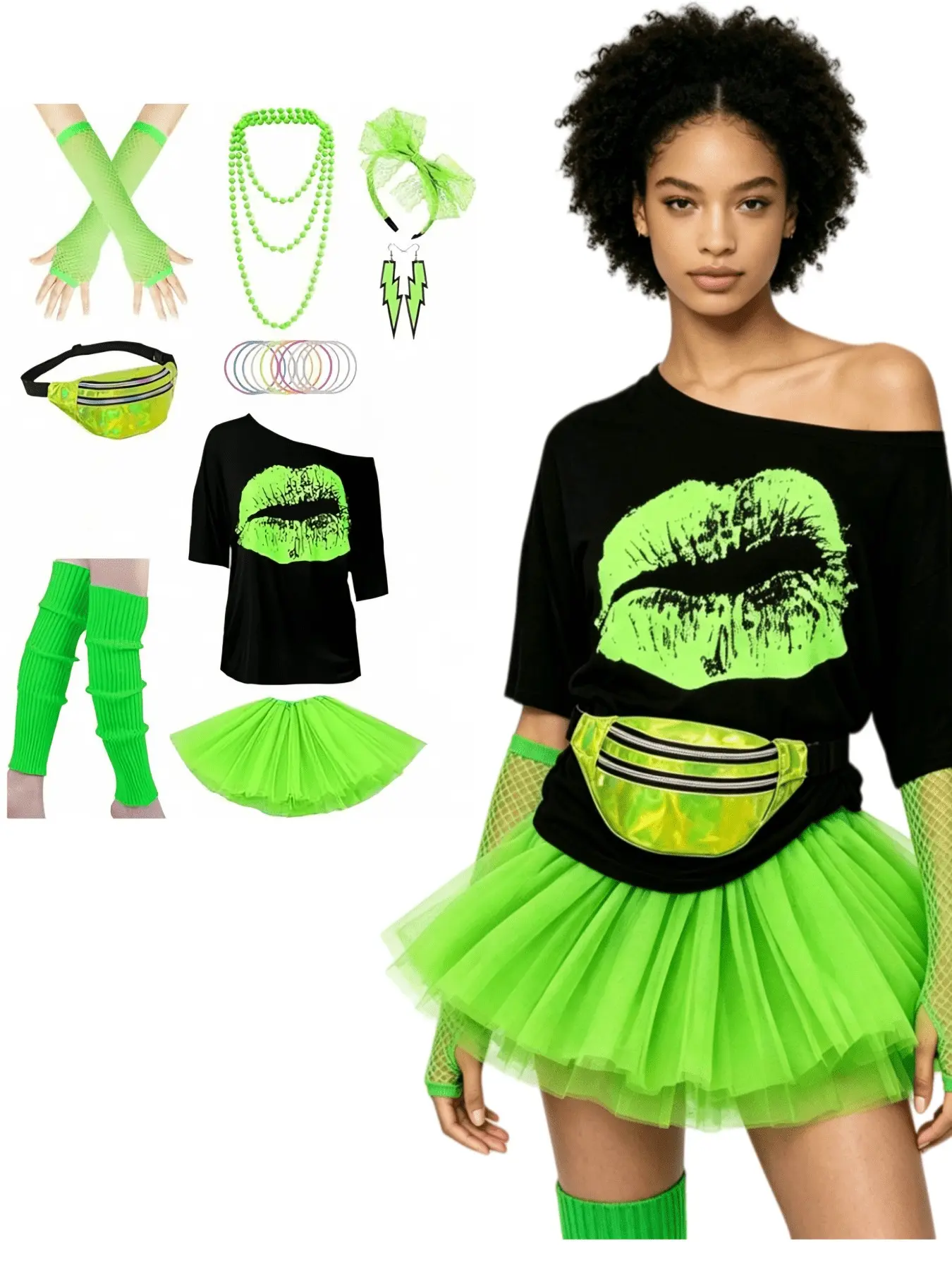 1980s Drop Shoulder T-Shirt Tutu Skirt Waist Bag Necklace Bracelet Earrings Foot Covers Set For Party Carnival Prom Performance