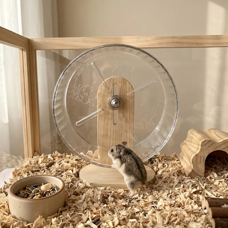 Adjustable-height Acrylic Silent Hamster Running Wheel with Wooden Base - Transparent Pet Movement Vehicle, Durable and Quiet Design, Suitable for Hamsters and Hedgehogs