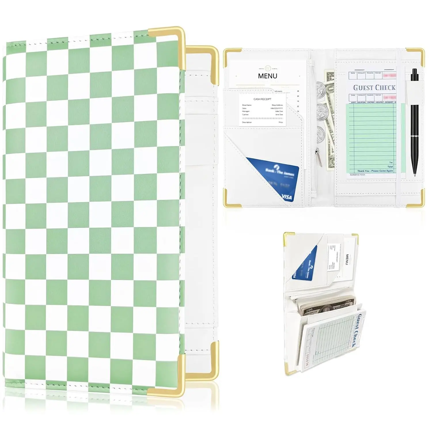 Server Book for Waitresses, Leather with Zipper Pocket, Retro Checkerboard Design Guest Check Holder Organizer for Restaurant Waitstaff (Green)