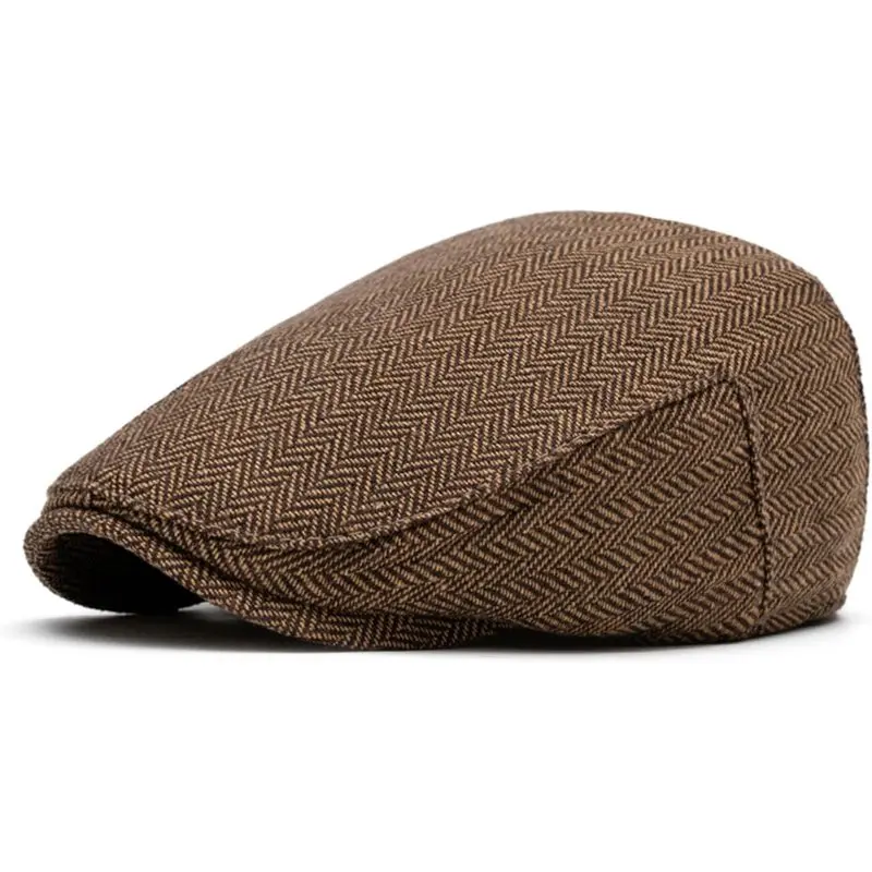 Herringbone Flat Ivy Newsboy Cap for Men Classic Tweed Newsboy Hat Wool Blend Flat Cap Gatsby Cabbie Hats Ivy Caps Men's Driving Fishing Caps Golf Dress Hats Irish Beret Newsies Hat (Coffee)
