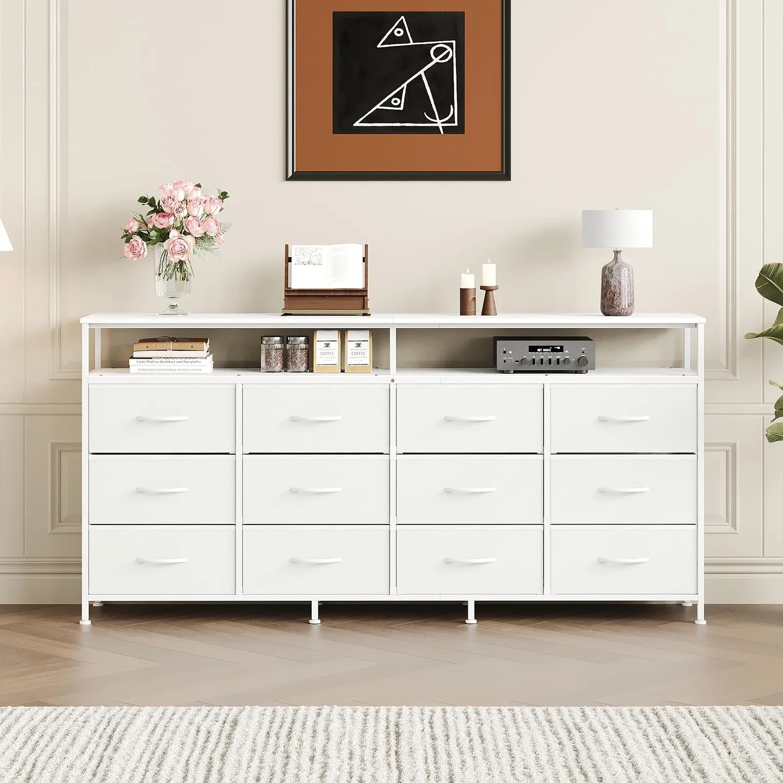 Garvee 63-Inch White Fabric Dresser with 12 Drawers and Open Shelves - Long Chest of Drawers for Bedroom and Living Room TV Stand